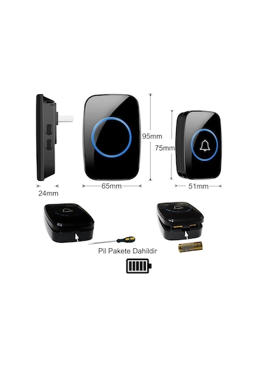 Triline Ledli Modern Kablosuz Kapı Zili 300metre Menzil 60 Çeşit