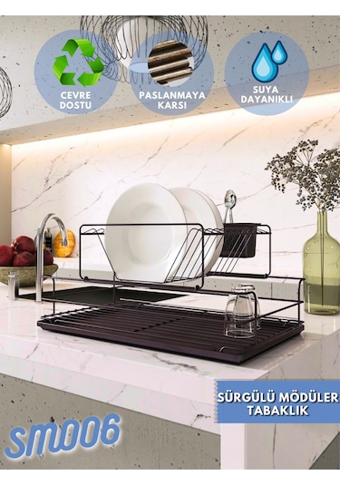 Suntel İki Katlı Modüler Sürgülü Bulaşıklık Tabaklık Mat Siyah Diğer