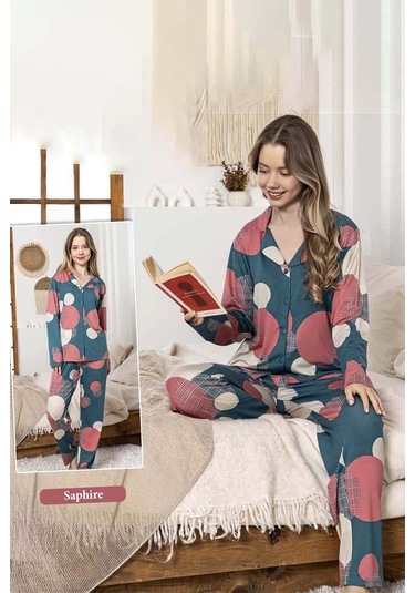 Kadın Daire Desen Düğmeli Saphire Pijama Takımı 0390 Petrol Petrol