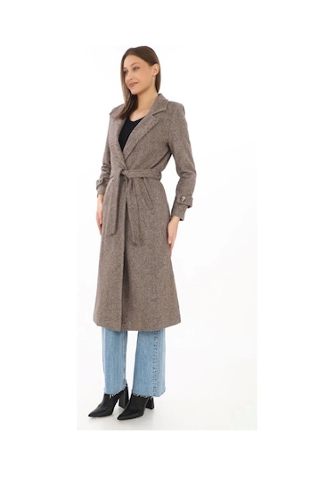 Kadın Astarlı Balık Sırtı Kaşmir Kaşe Kaban - Vizon Vizon