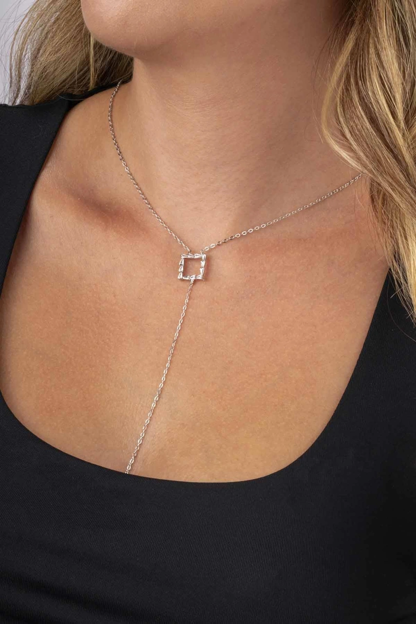 Gümüş Pazarım Baget Taşlı Kare Y Model Beyaz Altın Kaplama Kadın Çelik Kolye Altın