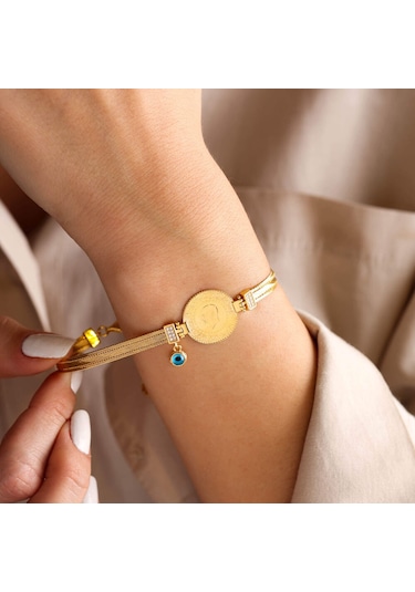 Çeyrek Altın Hasır Bileklik El Yapımı Nazar Boncuklu