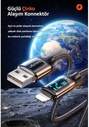 Usams Us-Sj543 Dijital Göstergeli,Çipli,Örgülü, 1.2M 2.4A Lightni