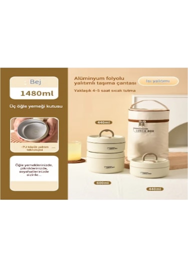 Padalink 304 Paslanmaz Çelik Isı Saklama Yemek Kutusu, Damlacık Önleyici, Ergonomik Kollü, 3'lü Set 2x440ml + 1x600ml + Isı Yalıtkan Çanta - Okul, Ofis, Dışarıda Kullanıma Ideal Bej