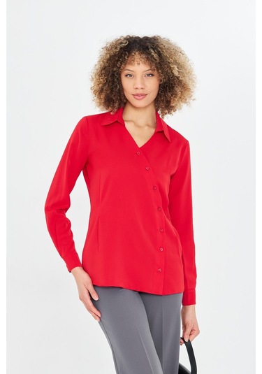 Asimetrik Pile Detay Gömlek Kırmızı Kırmızı