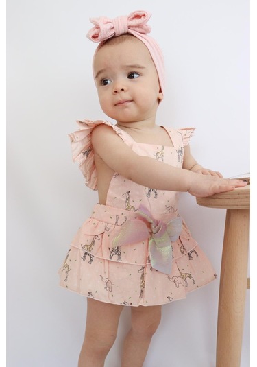 Kız Bebek Pudra Pembe Renk Özel Gün Fiyonklu Çıtçıtlı Tulum Pembe