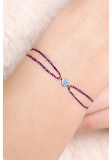 14 Ayar Altın Ipli Nazar Göz Bileklik Mineli - Mor