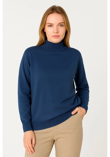 Kadın Yarım Boğaz Triko Kazak Yumuşak Dokulu Pamuklu İnce Dokuma, Uzun Kollu Rahat Regular Kalıp - İ Indigo