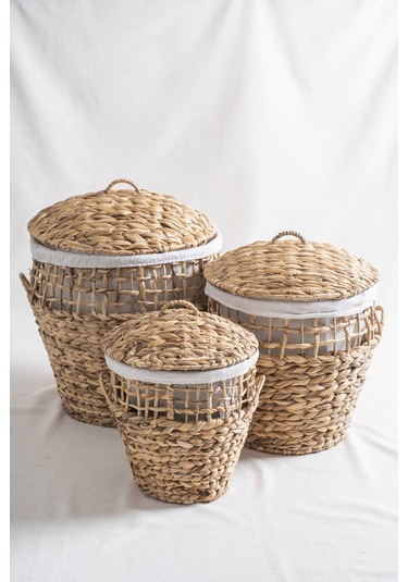 Soléa Hasır 3 Lü Kapaklı Sepet Seti Krem