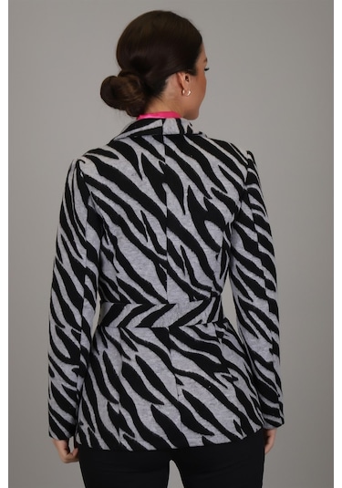 Sweetness Kadın Siyah Gri Zebra Desenli Kemerli Astarsız Ceket Gri