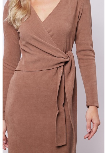 Kadın Hafif Likralı Triko Kruvaze Anvelop Bağcıklı Uzun Kol Diz Altı Uzun Elbise-camel Camel