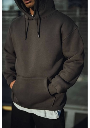 Efnaz Style Üç İplik Penye Kapşonlu Basic Sweatshirt - Antrasit Fume