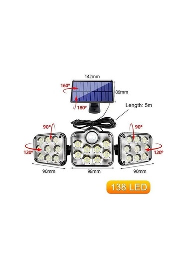 Besthome1 Üç Kafa Led Güneş Enerjili Duvar Lambası, Dış Mekan Işığı, 138 Led, Solar Bahçe Lambası