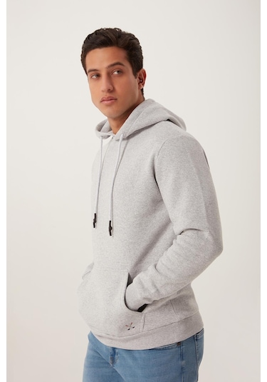 Erkek Kapüşonlu Kanguru Cep 3 İplik Sweatshirt Gri Melanj