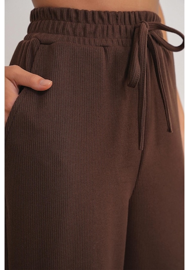 4757 Kadın Lastikli Bol Paça Örme Dökümlü Selanik Pantalon Kahve Kahve