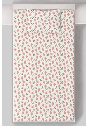 Organik Tek Kişilik Lastikli Çarşaf Seti - Tatlı Çilek Bahçesi Renkli