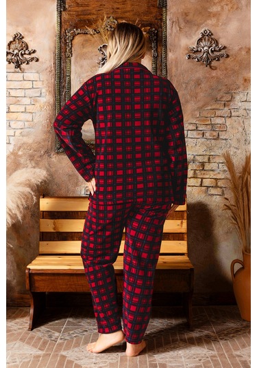 Nisanca Büyük Beden Kışlık Düğmeli Gömlek Pijama Takımı Bordo