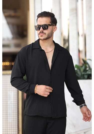 Tex Republic Erkek Siyah Rahat Kesim Dokulu Oversize Salaş Aerobin Gömlek Siyah