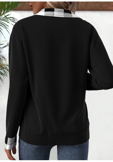 Reka Moda Kadın Uzun Kollu Yakalı Önden Fermuarlı Ekose Detaylı Viskon Iki Iplik Bluz Siyah