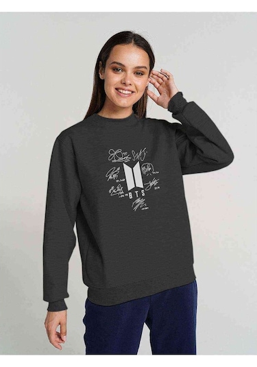 Imza Baskılı Füme Antrasit Kadın Sweatshirt