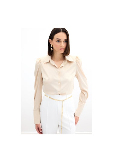 Sateen Vatkalı Saten Gömlek - Bej
