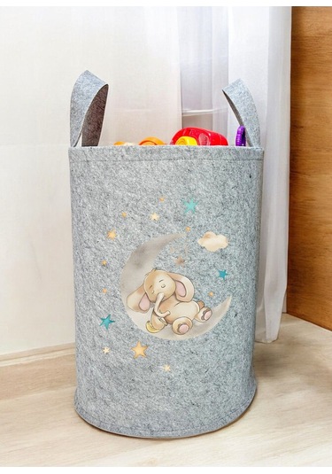 Unisex Uykucu Fil Desenli Bebek Çocuk Odası Düzenleyici Saklama Kutusu Oyuncak Kirli Sepeti 50x40 Cm Gri