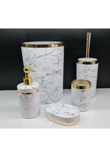 Akrilik Gold Siyah Mermer Desen Yuvarlak Banyo Seti Beyaz