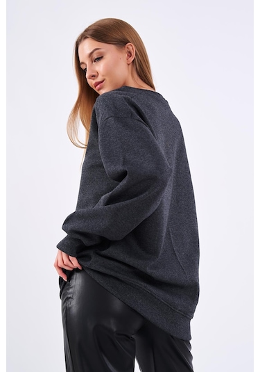 Comeor Antrasit Kadın Pamuklu Oversize Basic Bisiklet Yaka Sweatshirt 001