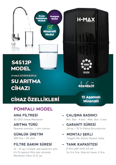 12 Litre Pompalı 15 Aşama Su Arıtma Cihazı Hmaxs4512p