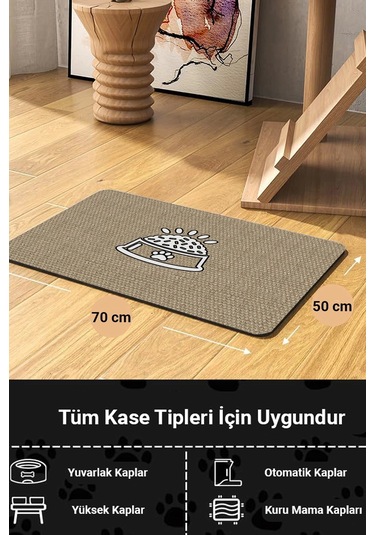 Matgo Pati Süper Mood Deri Mama Kabı Desenli Krem Beslenme Matı Kedi Köpek Mama Paspası 50x70cm