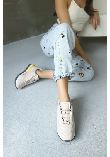 Balla Pudra Hakiki Deri Kadın Sneaker-Pudra