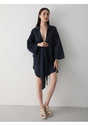 Lacivert Flam Keten Kimono Gömlek Lacivert