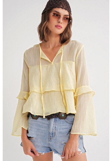 4735 Kadın Uzun Kollu Fırfırlı Bağlamalı Bluz Sarı Sari