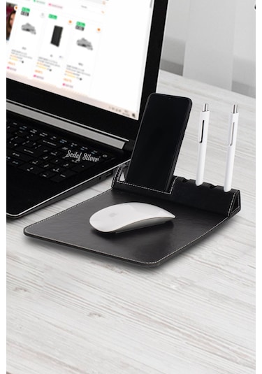 Telefon Tutacaklı Ve Kalemlik Bölmeli Suni Deri Mouse Pad Şık V