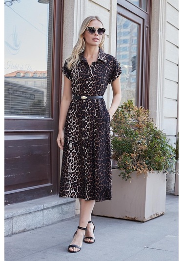 Kadın Desenli Yakalı Düşük Omuzlu Duble Kol Kemerli Midi Boy Elbise Deri Kemer Dahil -leopar Leopar