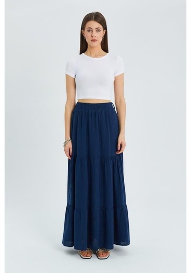 4567 Kadın Fırfırlı Uzun Müslin Etek Lacivert Lacivert