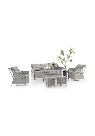 Deniz Rattan Puflu Bahçe Balkon Takımı 3+1+1 Gri