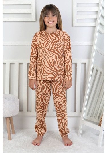 Kaplan Desenli Kız Çocuk Pijama Takımı Kahverengi