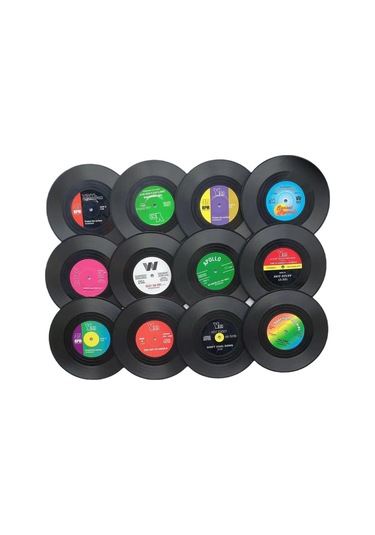 Gajeena 12 Adet Siyah Vinil Plak Desenli Yemek/çay Bardak Altlığı - Kaymazsız Isı Yalıtımı Ve Tabanlı Ev Dekor Aleti Siyah