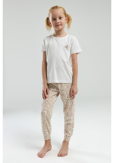Arnetta 3303 Kız Çocuk Desenli Bisiklet Yaka Şortlu Kısa Kol Pijama Takım Bej