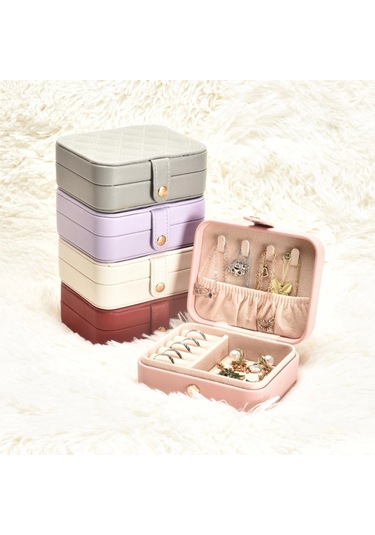 Deri Mini Baklava Desenli Seyahat Takı Bijuteri Mücevher Kutusu Organizer Düzenleyici 11,5cm Pembe İ