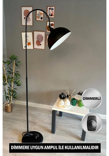 Dimmerli Işığı Ayarlanabilen Işığı Artırılıp Azaltılabilen Siyah Hareketli Başlık Metal Lambader Siyah