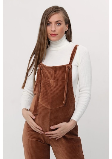 Luvmabelly Myra6114 - Camel Kadife Hamile Salopet-kahverengi