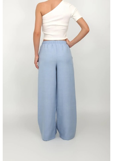 Kadın Beli Lastikli Geniş Paça Keten Pantolon Mavi