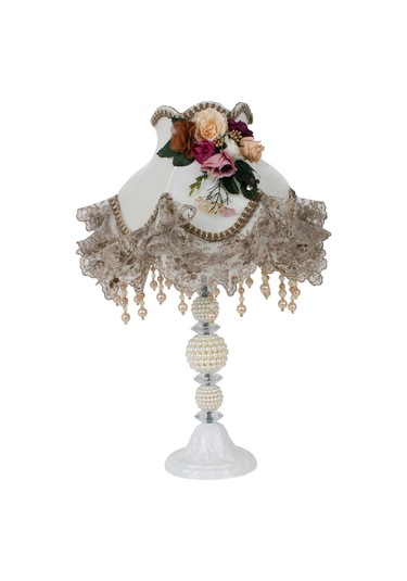 Dekovien Kadife Kaplı Çiçek Dekorlu Abajur Ekru Vizon Beyaz