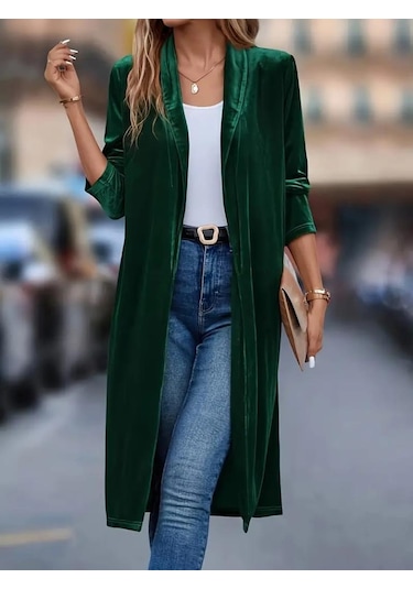 Kadın Uzun Kollu Önü Açık Kolları Uzun Midi Ceket Yeşil