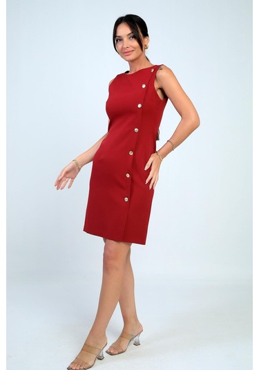 Kadın Kendinden Telalı Yan Düğmeli Kısa Elbise-41566 Bordo