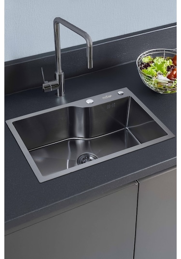 Ala Serisi %100 Krom 68x45 Paslanmaz Mutfak Eviyesi, Mutfak Lavabosu Sifon Dahil Siyah