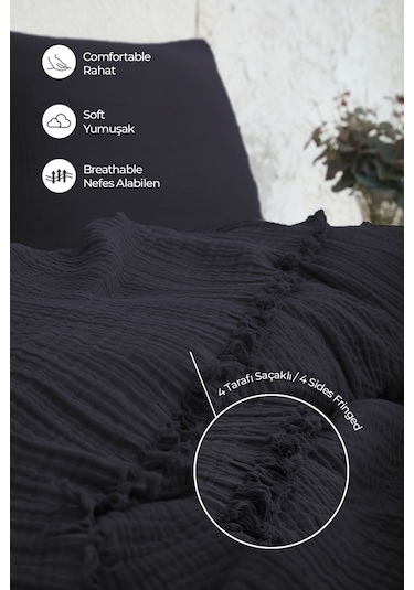 %100 Pamuk Çift Kişilik Müslin Yatak Örtüsü 4 Katlı Yumuşak Battaniye Müslin Pike Takımı 3 Parça Siyah Siyah