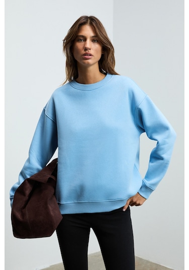 Grimelange Susana Kadın Bisiklet Yaka İçi Polarlı Oversize Fit Basic Mavi Sweatshirt Mavi